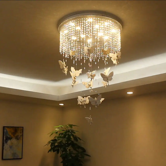 Contemporary Drum Flush Light With Clear Crystal Strand And Led Silver Ceiling Lighting -