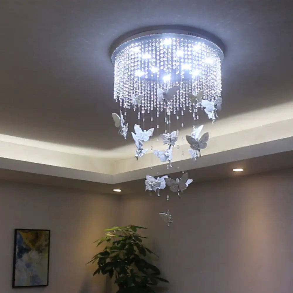 Contemporary Drum Flush Light With Clear Crystal Strand And Led Silver Ceiling Lighting -