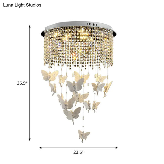 Contemporary Drum Flush Light With Clear Crystal Strand And Led Silver Ceiling Lighting -
