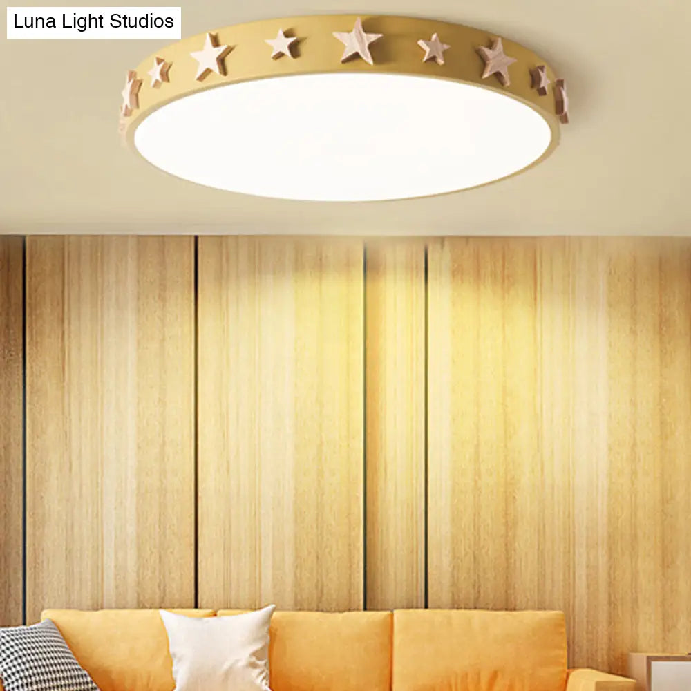 Contemporary Drum Flush Mount Light With Star Decoration - Ideal For Kids Bedroom Yellow / 12