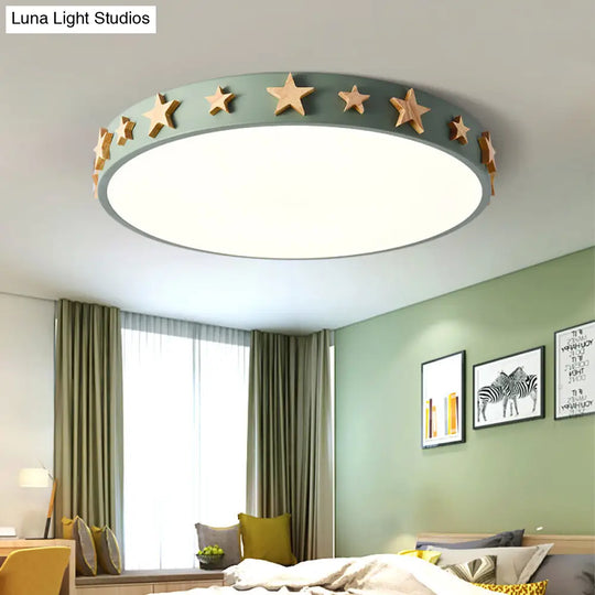 Contemporary Drum Flush Mount Light With Star Decoration - Ideal For Kids Bedroom Green / 12