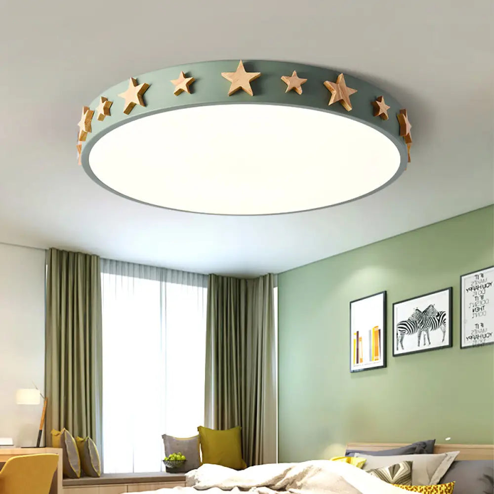 Contemporary Drum Flush Mount Light With Star Decoration - Ideal For Kids’ Bedroom Green / 12’