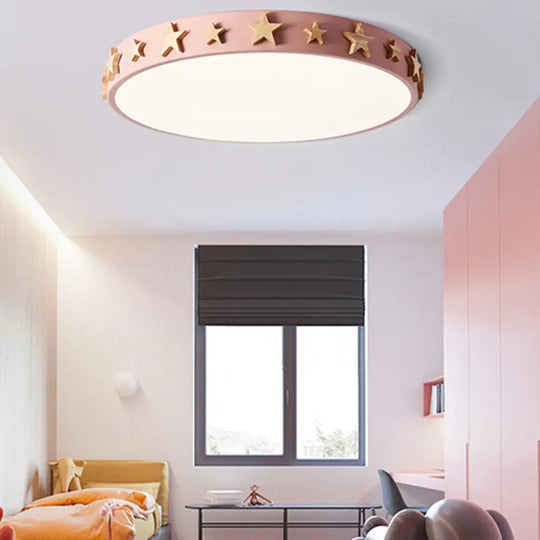 Contemporary Drum Flush Mount Light With Star Decoration - Ideal For Kids’ Bedroom Pink / 12’