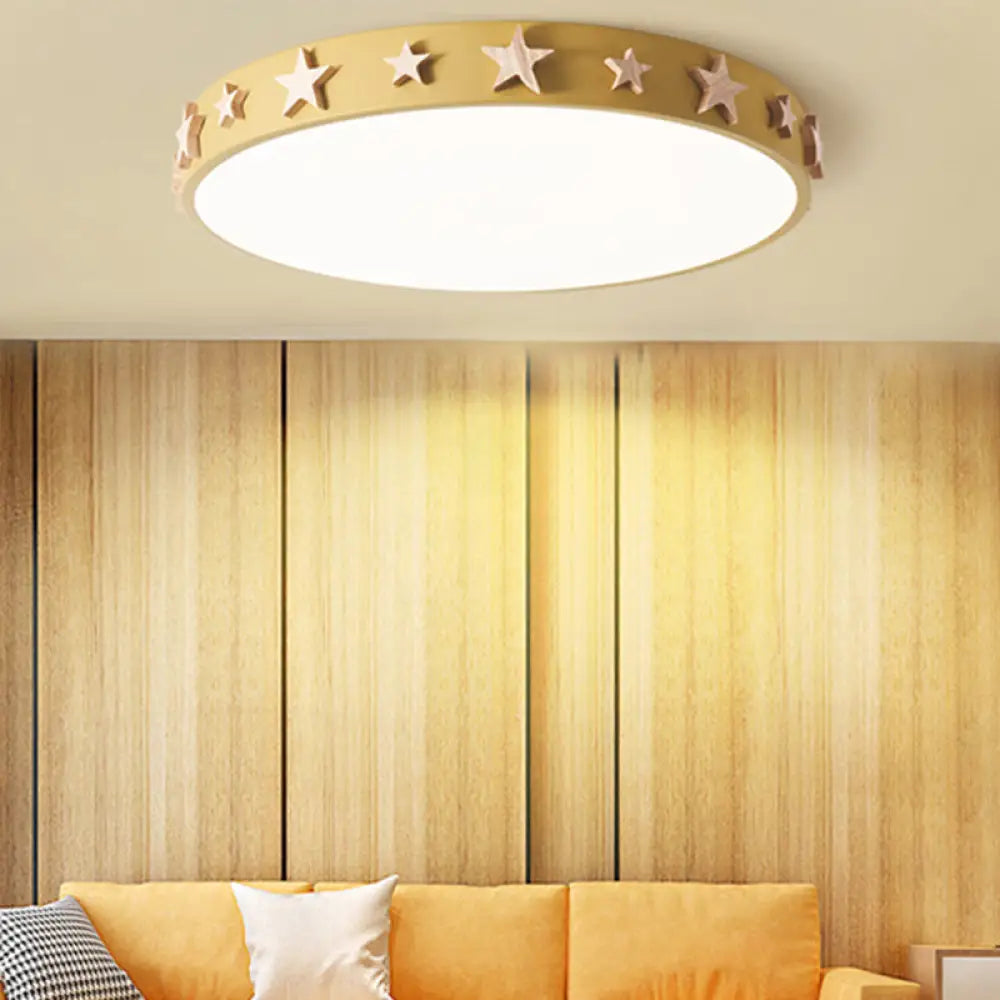 Contemporary Drum Flush Mount Light With Star Decoration - Ideal For Kids’ Bedroom Yellow / 12’
