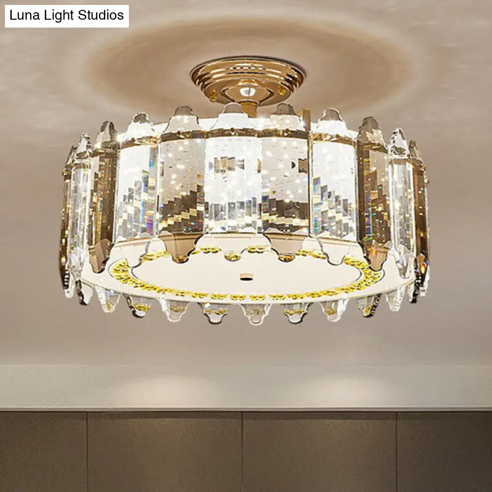 Contemporary Drum-Shaped Crystal Flush Mount Ceiling Light For Dining Room Clear / 19.5