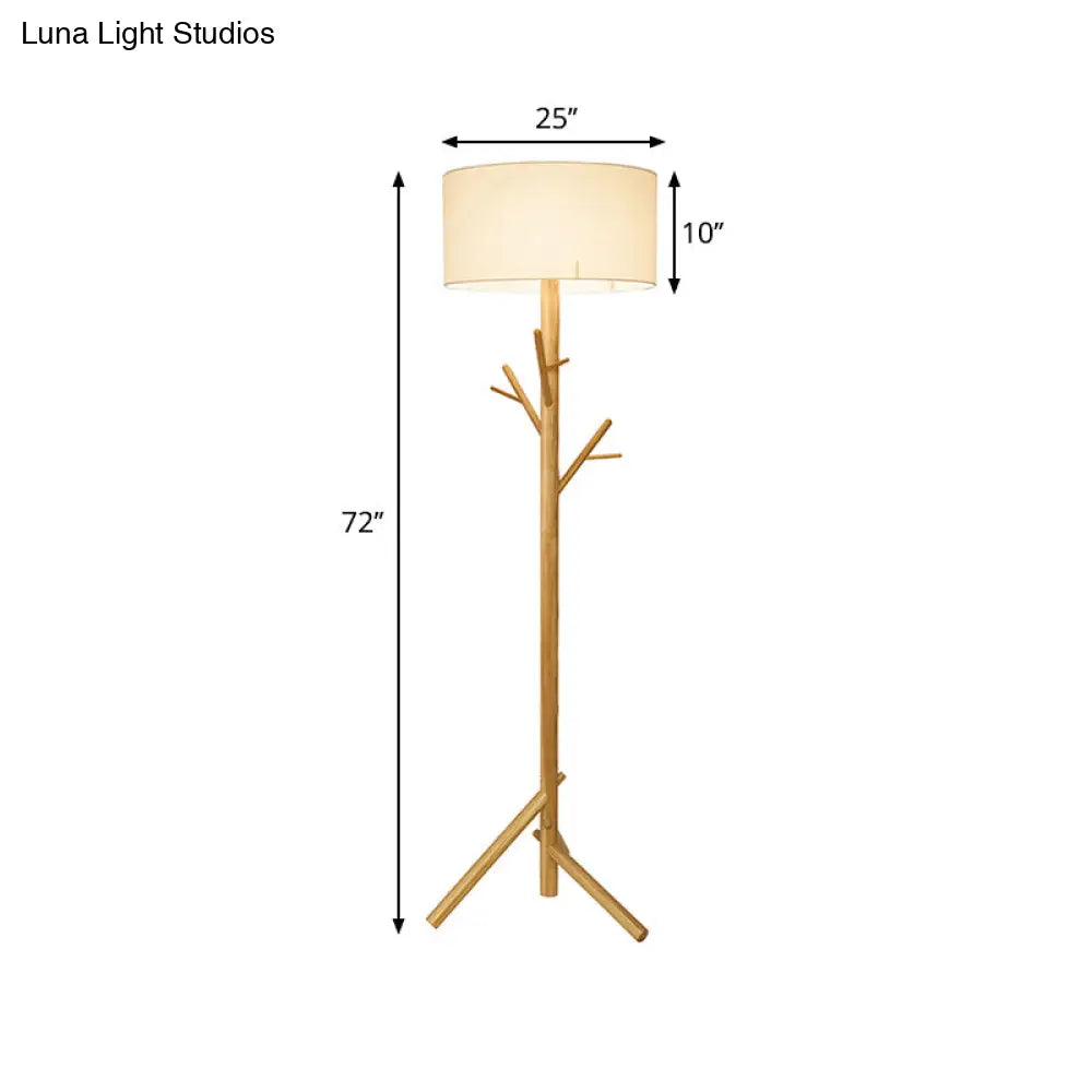 Contemporary Drum White Fabric Floor Lamp - Wood Tree Stand 1-Bulb Standing Light