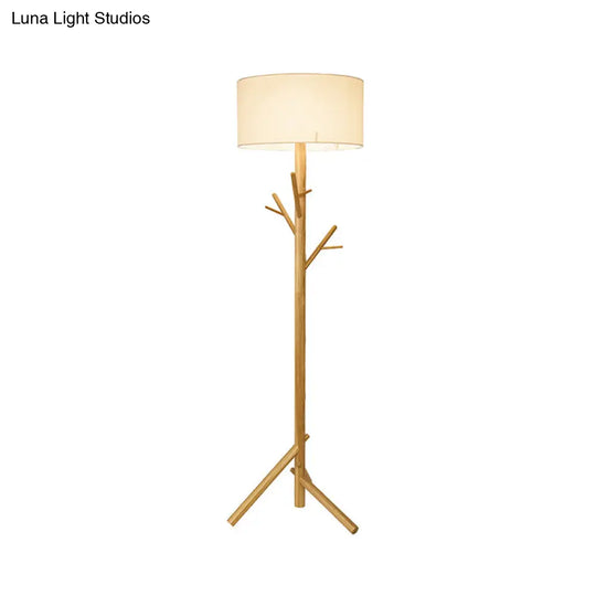 Contemporary Drum White Fabric Floor Lamp - Wood Tree Stand 1-Bulb Standing Light