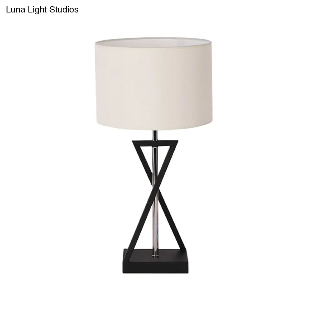 Contemporary Fabric Drum Shade Table Lamp With Modern Hourglass Design For Bedside Nightstand