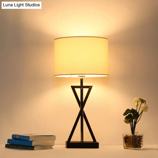 Contemporary Fabric Drum Shade Table Lamp With Modern Hourglass Design For Bedside Nightstand