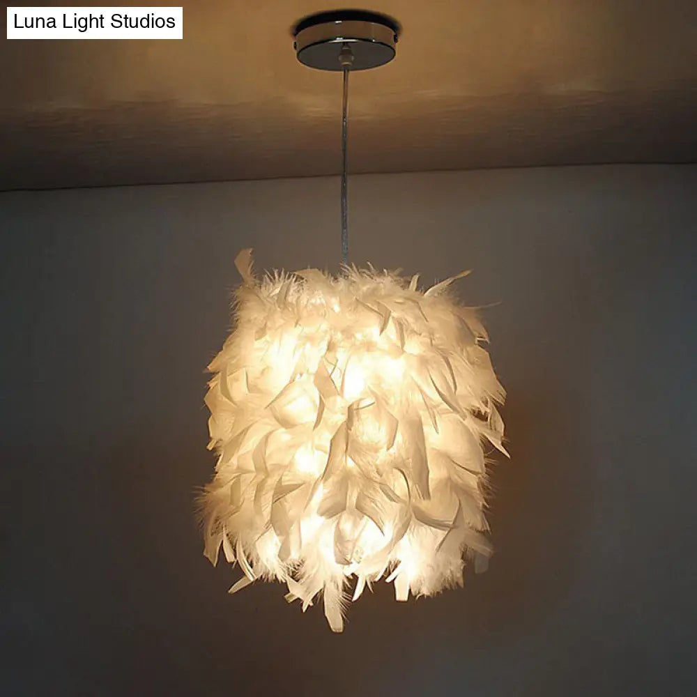 Contemporary Fabric Feather Hanging Light Kit - White Pendant Ceiling Lamp For Dining Table