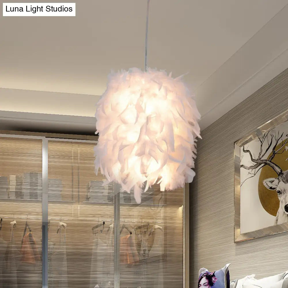 Contemporary Fabric Feather Hanging Light Kit - White Pendant Ceiling Lamp For Dining Table