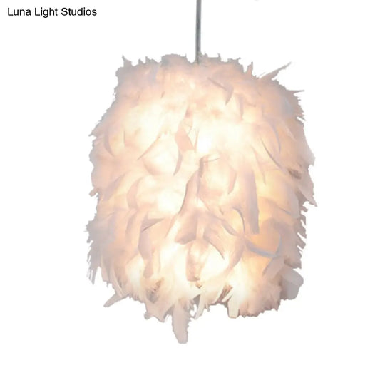 Contemporary Fabric Feather Hanging Light Kit - White Pendant Ceiling Lamp For Dining Table