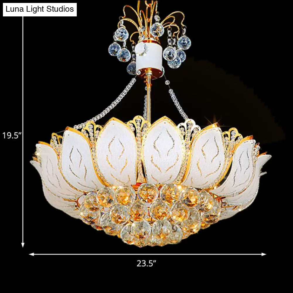 Contemporary Faceted Crystal Ball Lotus Chandelier Light – Gold 3 Multi Lights 16’/19.5’/23.5’ Wide