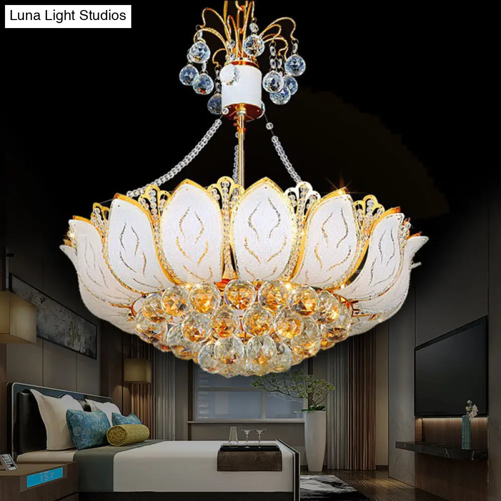 Contemporary Faceted Crystal Ball Lotus Chandelier Light – Gold 3 Multi Lights 16’/19.5’/23.5’ Wide