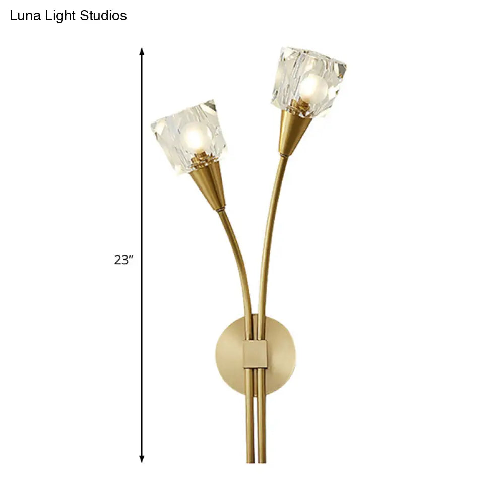 Contemporary Faceted Crystal Bud Wall Sconce Light - 2 Lights Brass Finish Bedroom