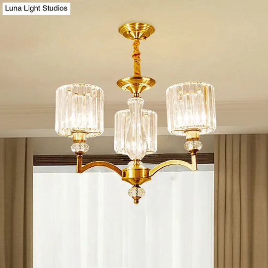 Contemporary Cylinder Chandelier With Crystal Facets - Brass Pendant Ceiling Light / 23.5