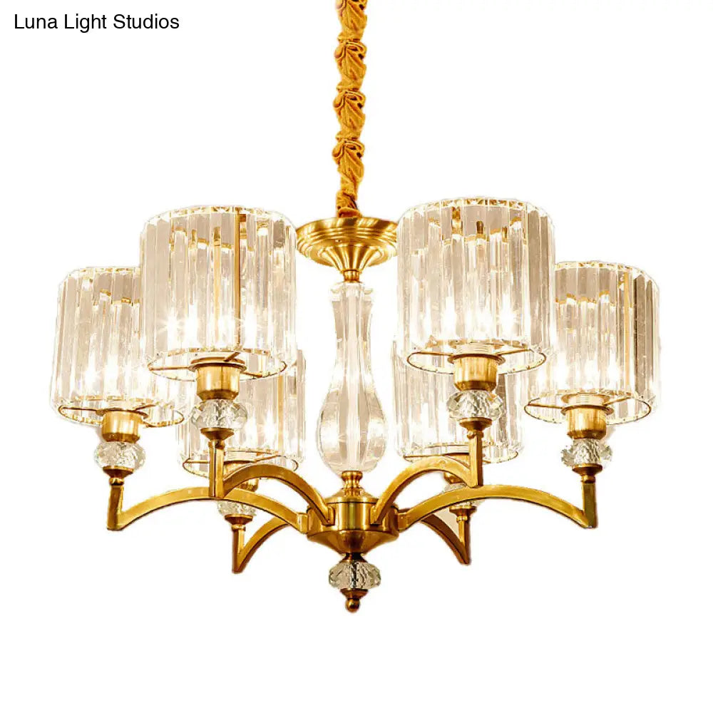 Contemporary Cylinder Chandelier With Crystal Facets - Brass Pendant Ceiling Light