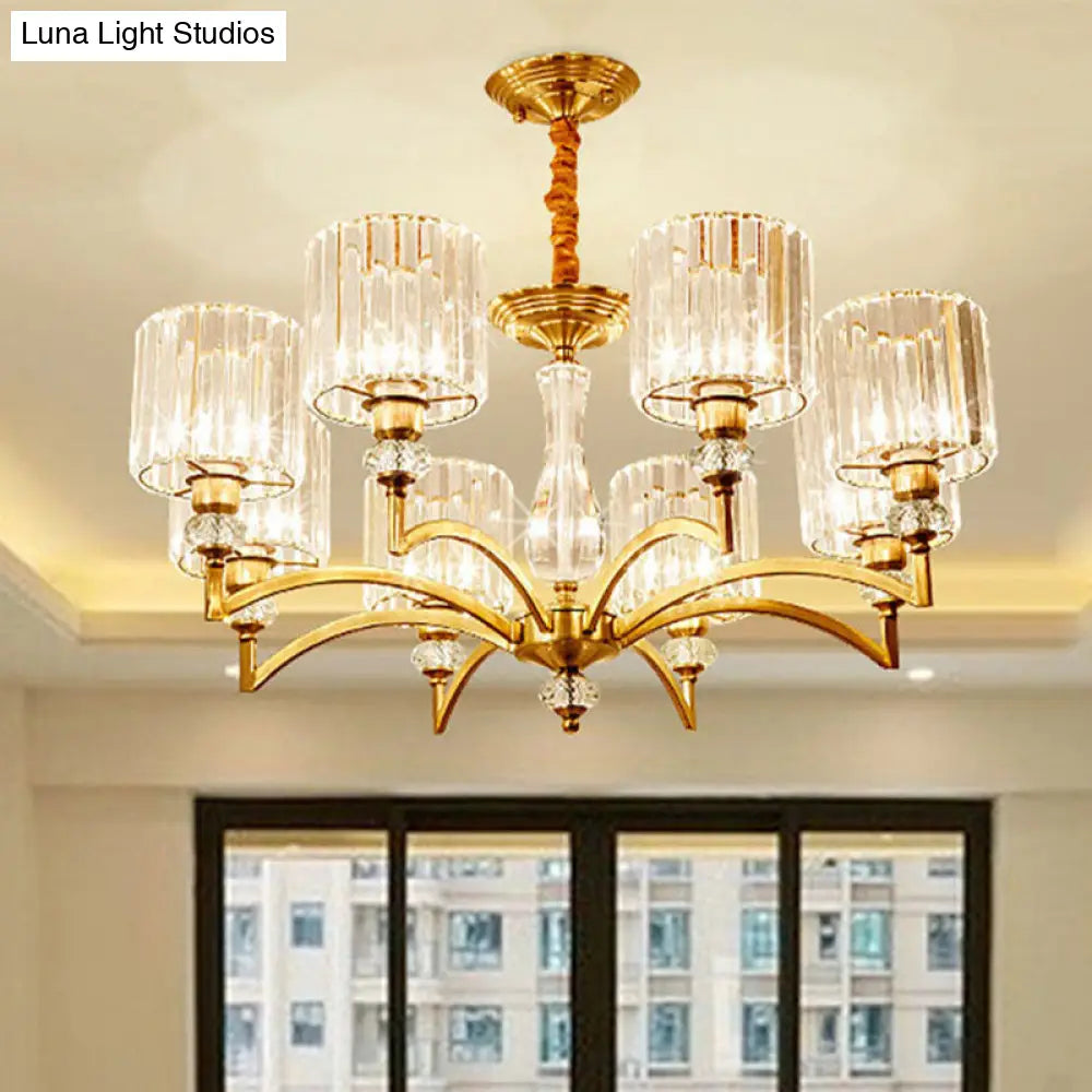 Contemporary Faceted Crystal Cylinder Chandelier - Brass Ceiling Pendant Light With 3/6/8 Bulbs