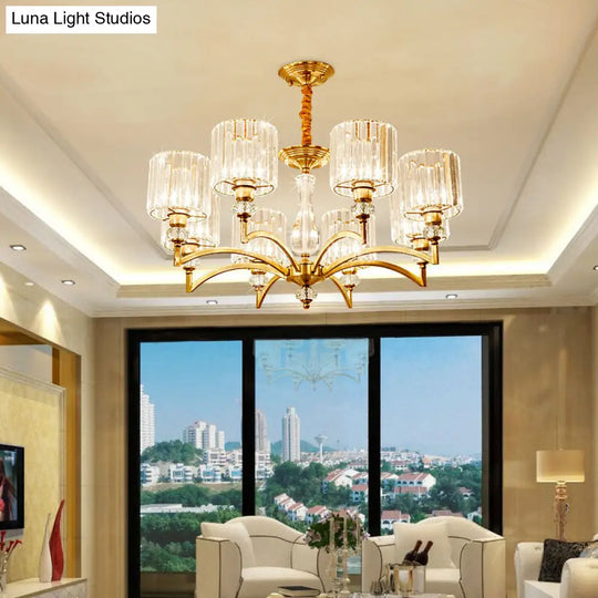 Contemporary Cylinder Chandelier With Crystal Facets - Brass Pendant Ceiling Light