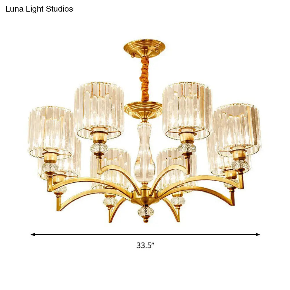 Contemporary Cylinder Chandelier With Crystal Facets - Brass Pendant Ceiling Light