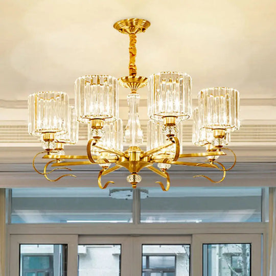 Contemporary Faceted Crystal Cylinder Chandelier - Brass Ceiling Pendant Light With 3/6/8 Bulbs