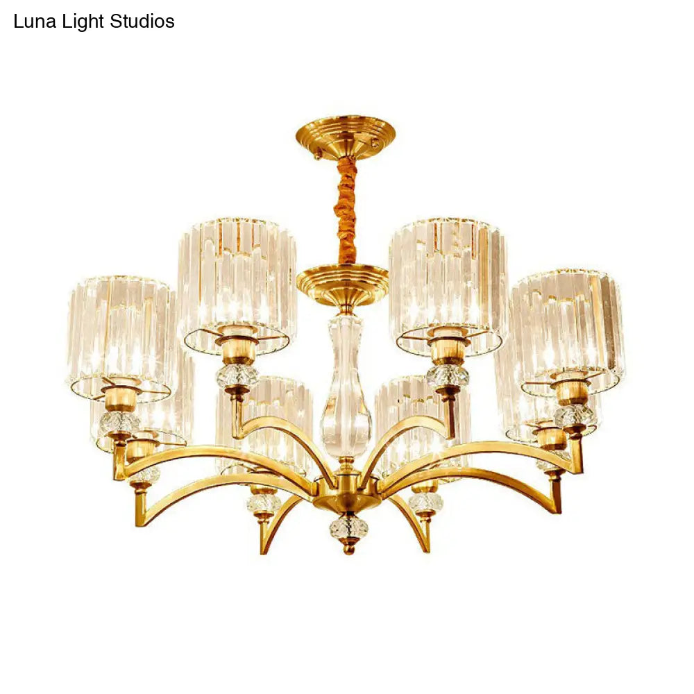 Contemporary Cylinder Chandelier With Crystal Facets - Brass Pendant Ceiling Light