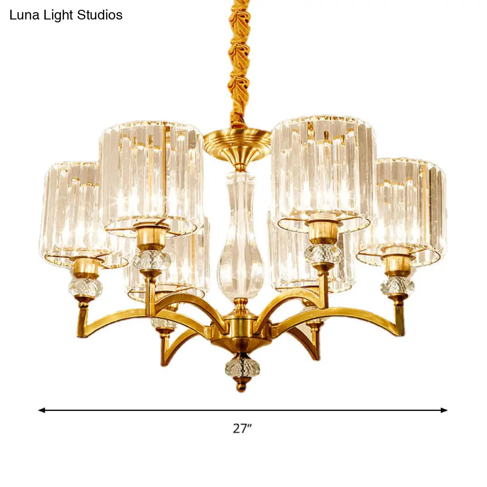 Contemporary Faceted Crystal Cylinder Chandelier - Brass Ceiling Pendant Light With 3/6/8 Bulbs