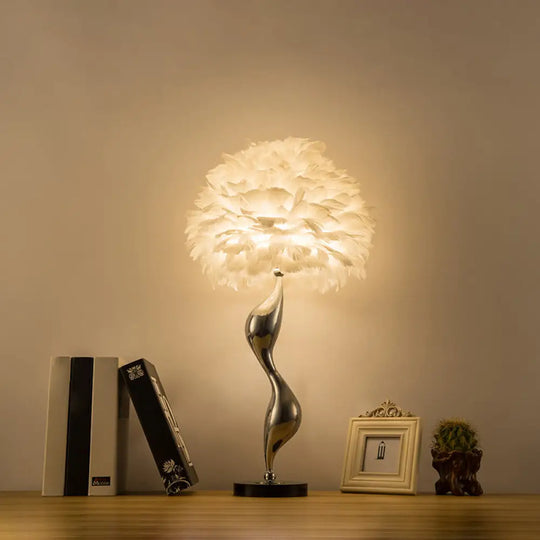 Contemporary Feather Flower Table Lamp - Single-Bulb Night Light For Bedroom Silver