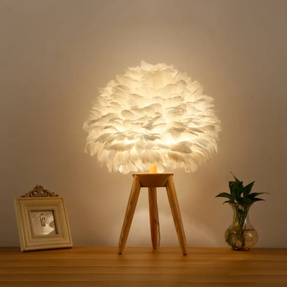 Contemporary Feather Flower Table Lamp - Single-Bulb Night Light For Bedroom Wood