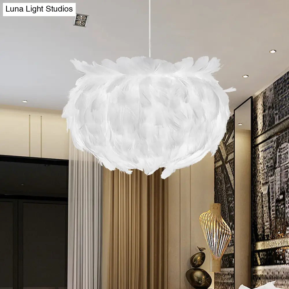 Contemporary White Feather Globe Pendant Light - Elegant Fabric Lamp With Suspension