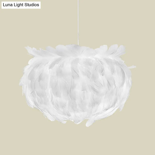 Contemporary White Feather Globe Pendant Light - Elegant Fabric Lamp With Suspension