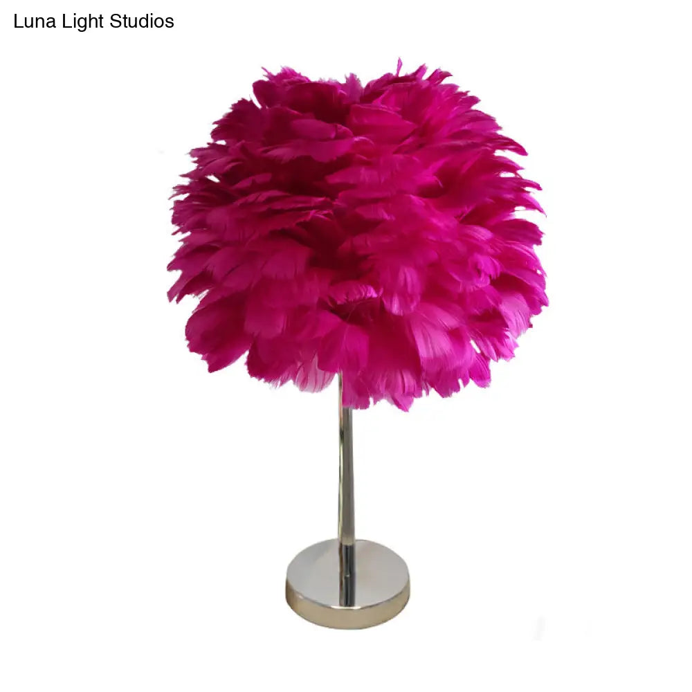 Contemporary Feather Night Table Lamp - Globe Bedside Light In White/Grey/Pink
