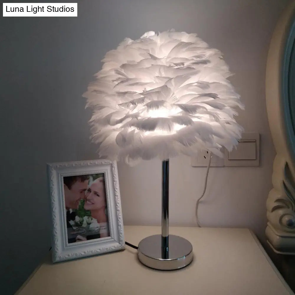 Contemporary Feather Night Table Lamp - Globe Bedside Light In White/Grey/Pink