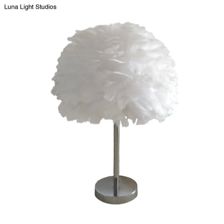 Contemporary Feather Night Table Lamp - Globe Bedside Light In White/Grey/Pink