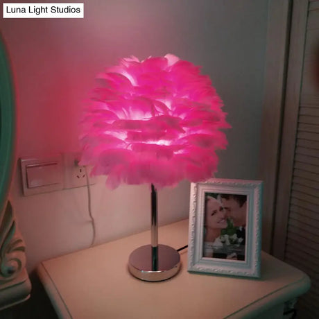 Contemporary Feather Night Table Lamp - Globe Bedside Light In White/Grey/Pink