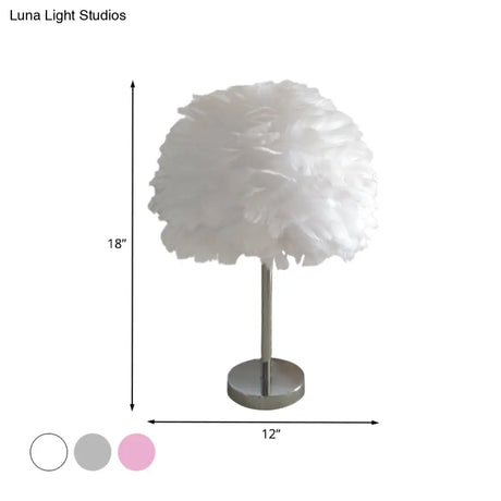 Contemporary Feather Night Table Lamp - Globe Bedside Light In White/Grey/Pink