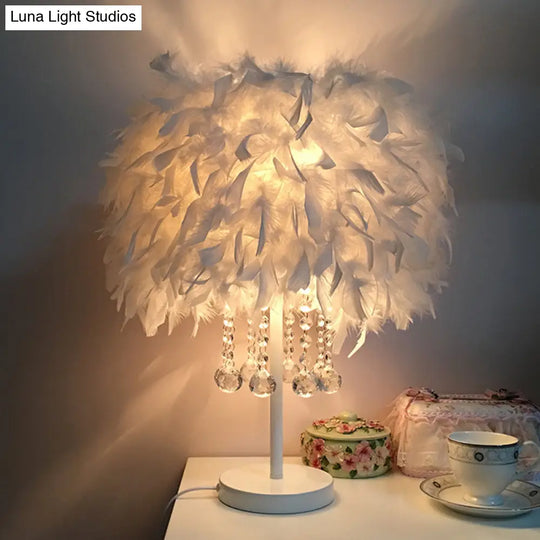 Contemporary Feather Round Night Stand Lamp With Crystal Drop And White/Chrome Base -