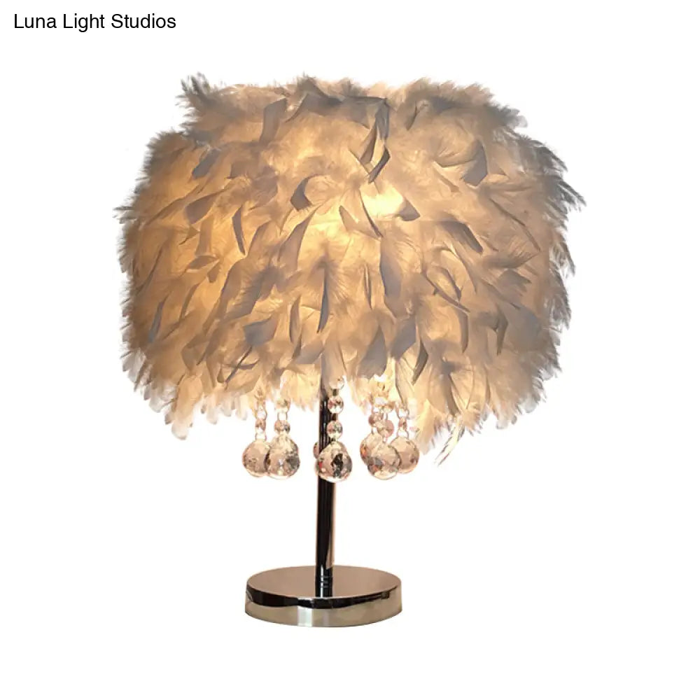 Contemporary Feather Round Night Stand Lamp With Crystal Drop And White/Chrome Base -