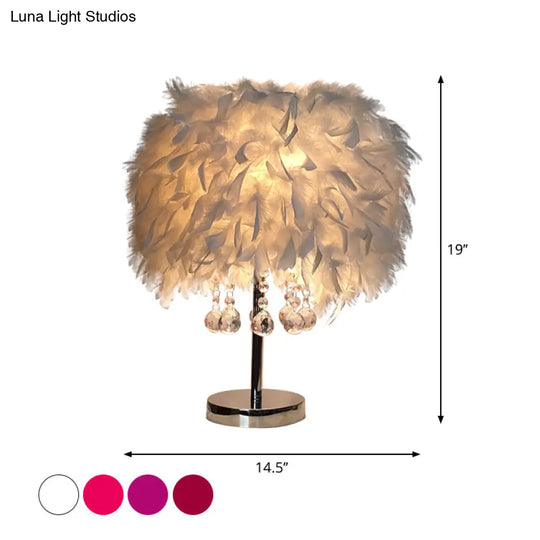 Contemporary Feather Round Night Stand Lamp With Crystal Drop And White/Chrome Base -