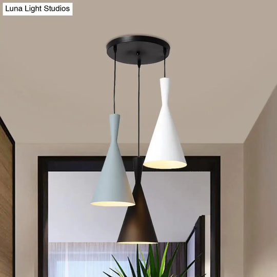 Contemporary Flared Metallic Pendant Light - 3-Head Black Hanging Lamp With Round/Rectangle Canopy