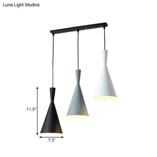 Contemporary Flared Metallic Pendant Light - 3-Head Black Hanging Lamp With Round/Rectangle Canopy