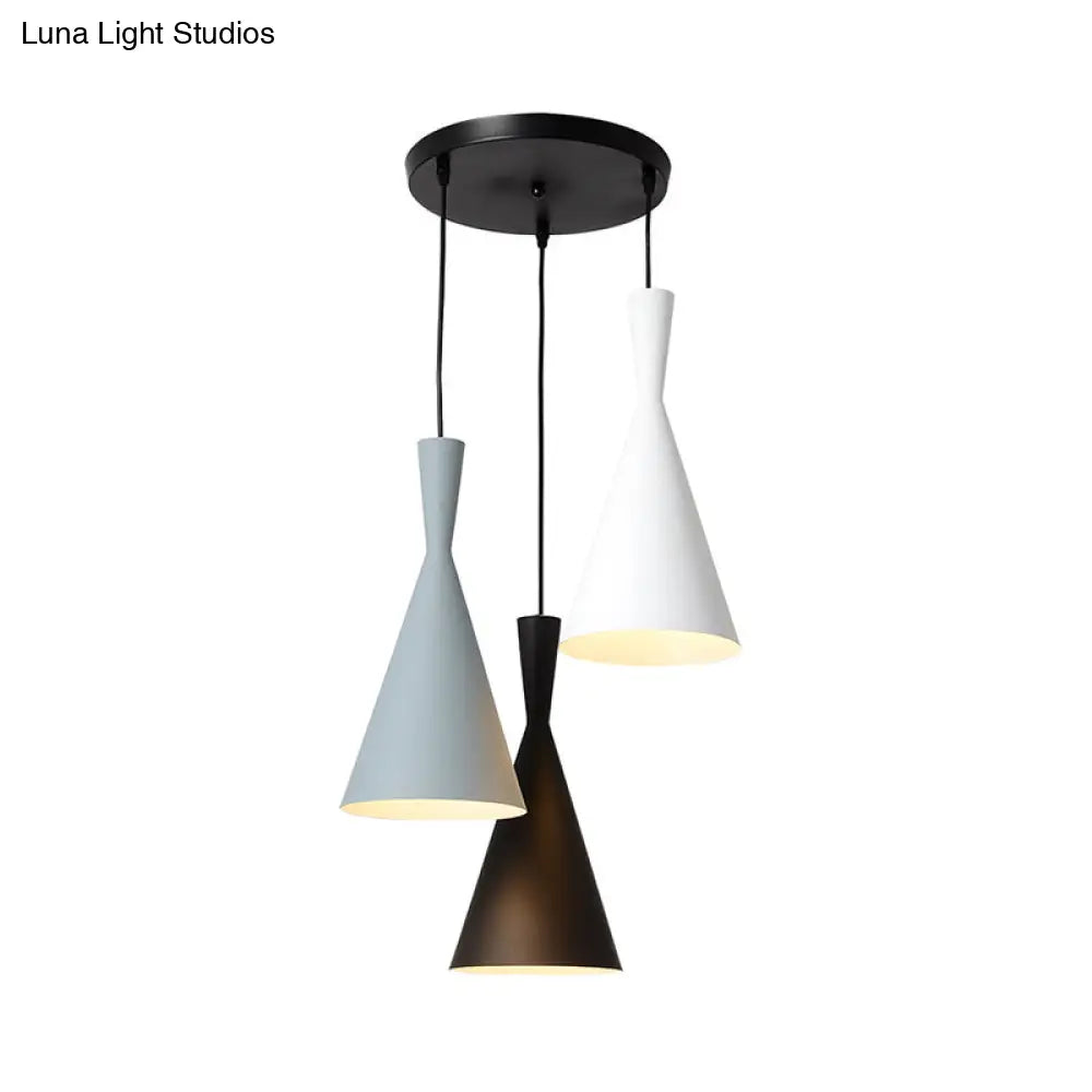 Contemporary Flared Metallic Pendant Light - 3-Head Black Hanging Lamp With Round/Rectangle Canopy