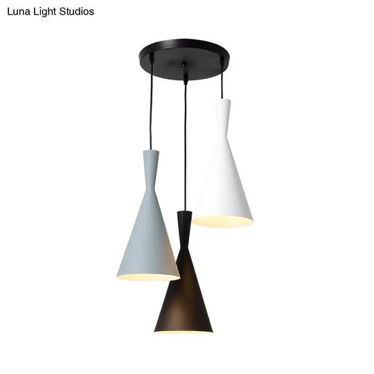 Contemporary Flared Metallic Pendant Light - 3-Head Black Hanging Lamp With Round/Rectangle Canopy