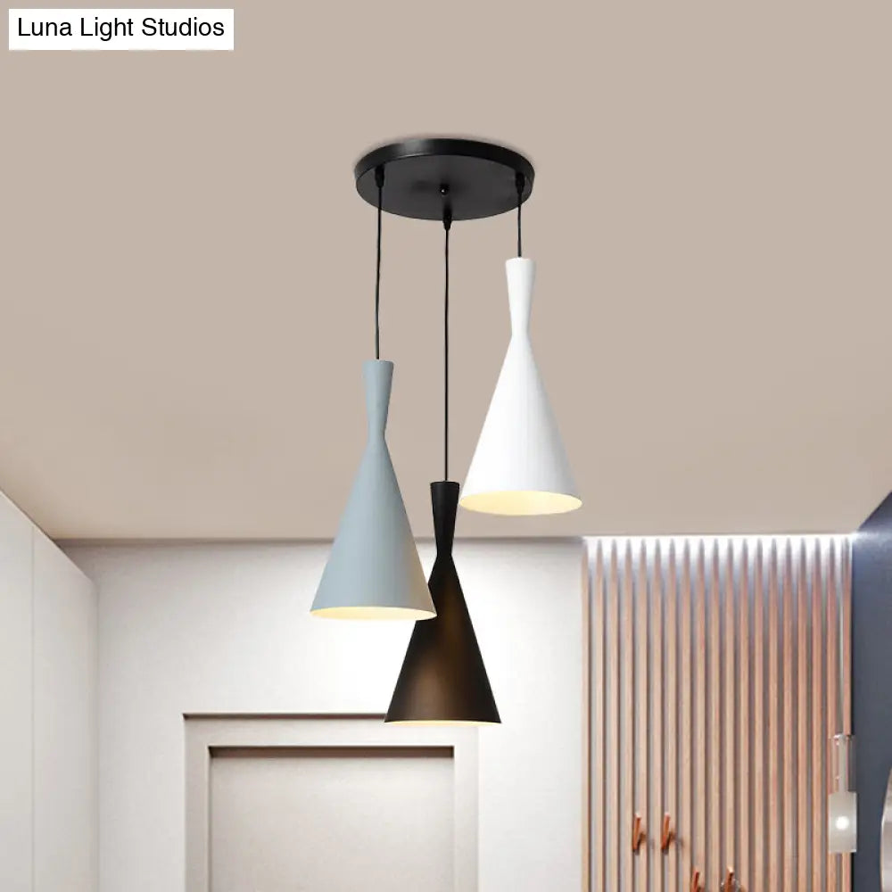 Contemporary Flared Metallic Pendant Light With 3-Head Black Hanging Lamp Kit And Canopy / Round