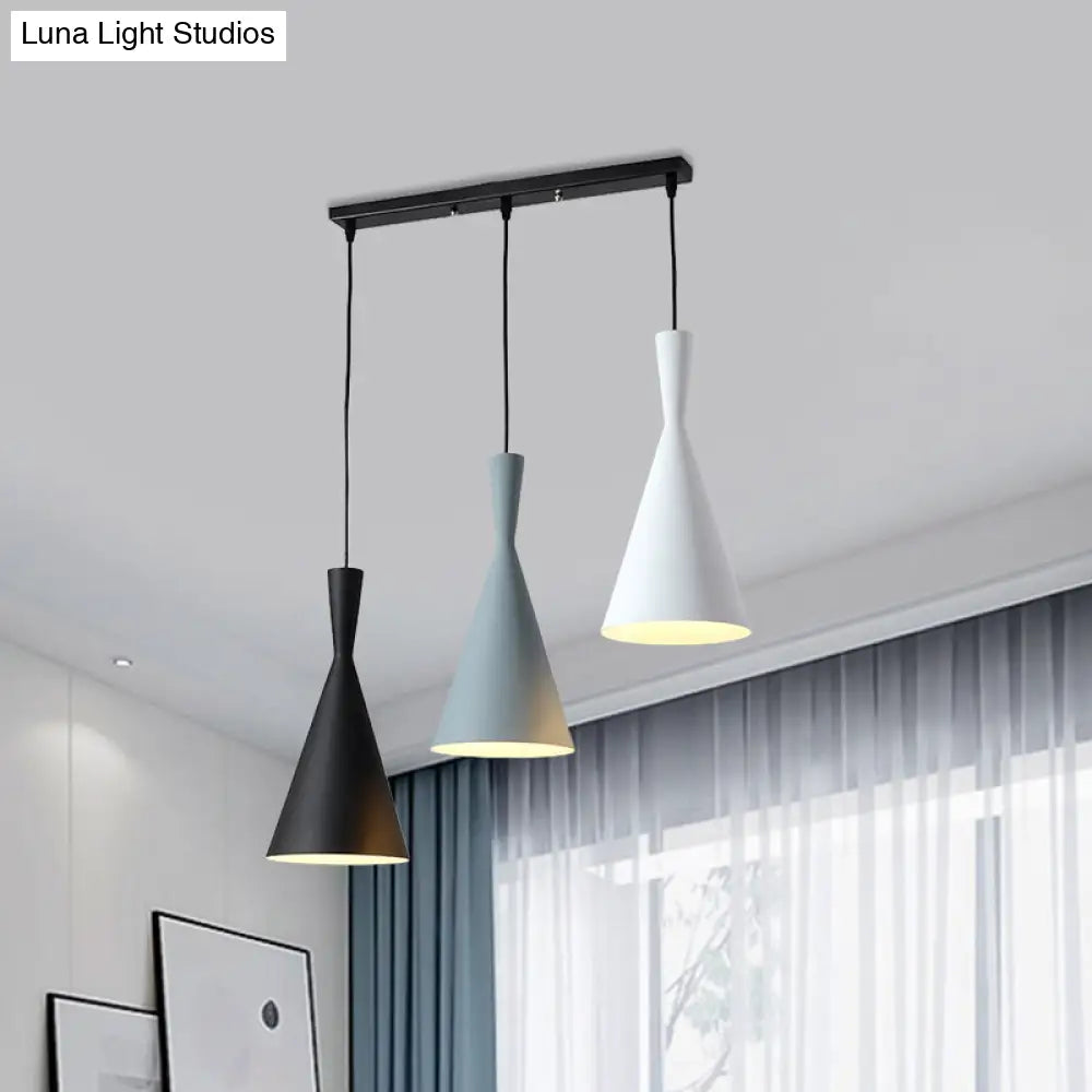 Contemporary Flared Metallic Pendant Light - 3-Head Black Hanging Lamp With Round/Rectangle Canopy