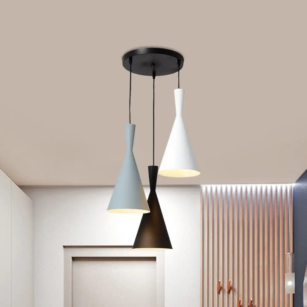 Contemporary Flared Metallic Pendant Light - 3-Head Black Hanging Lamp With Round/Rectangle Canopy