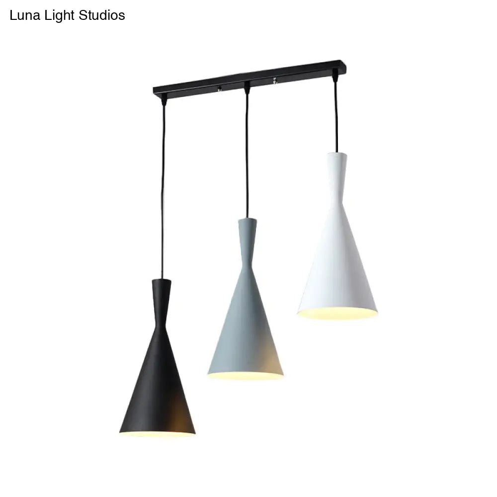 Contemporary Flared Metallic Pendant Light - 3-Head Black Hanging Lamp With Round/Rectangle Canopy