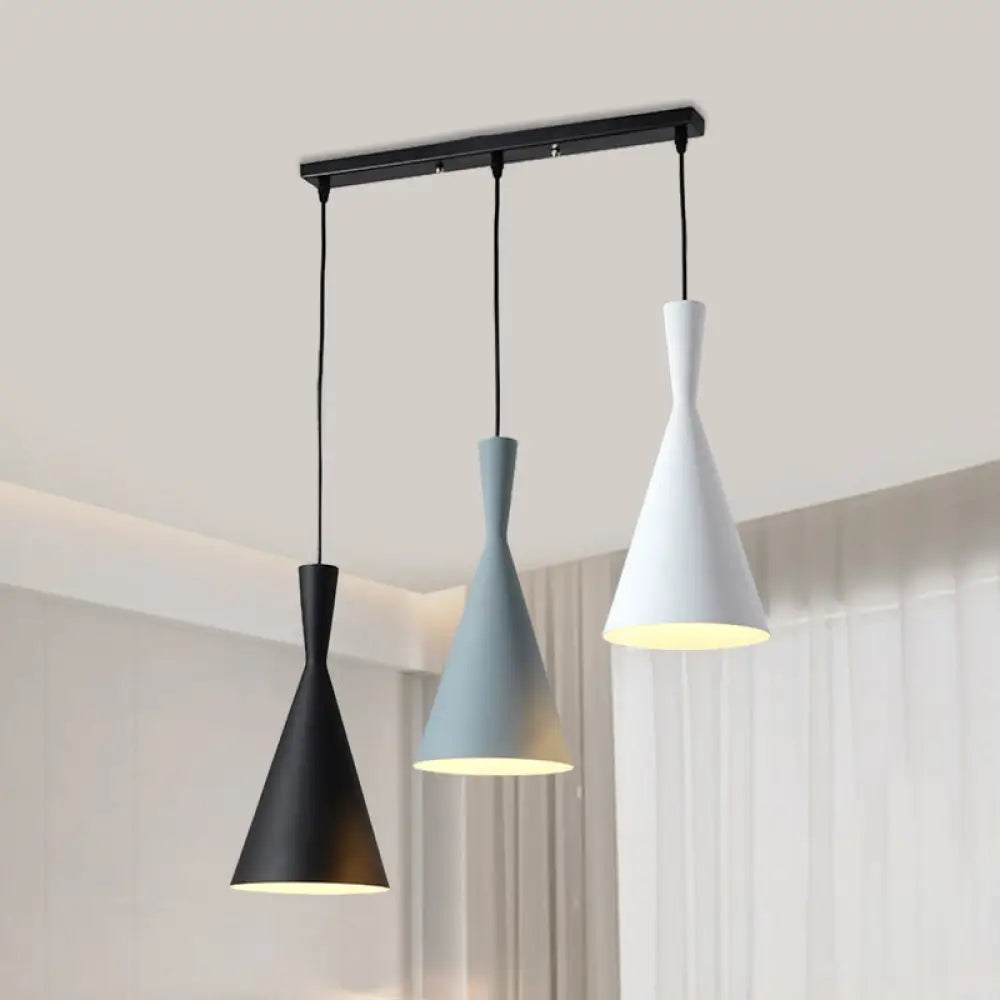 Contemporary Flared Metallic Pendant Light - 3-Head Black Hanging Lamp With Round/Rectangle Canopy