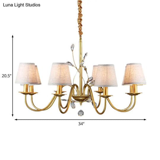 Contemporary Flared Pendant Chandelier - Fabric Shaded 6/8 Lights Brass Ceiling Fixture With Crystal