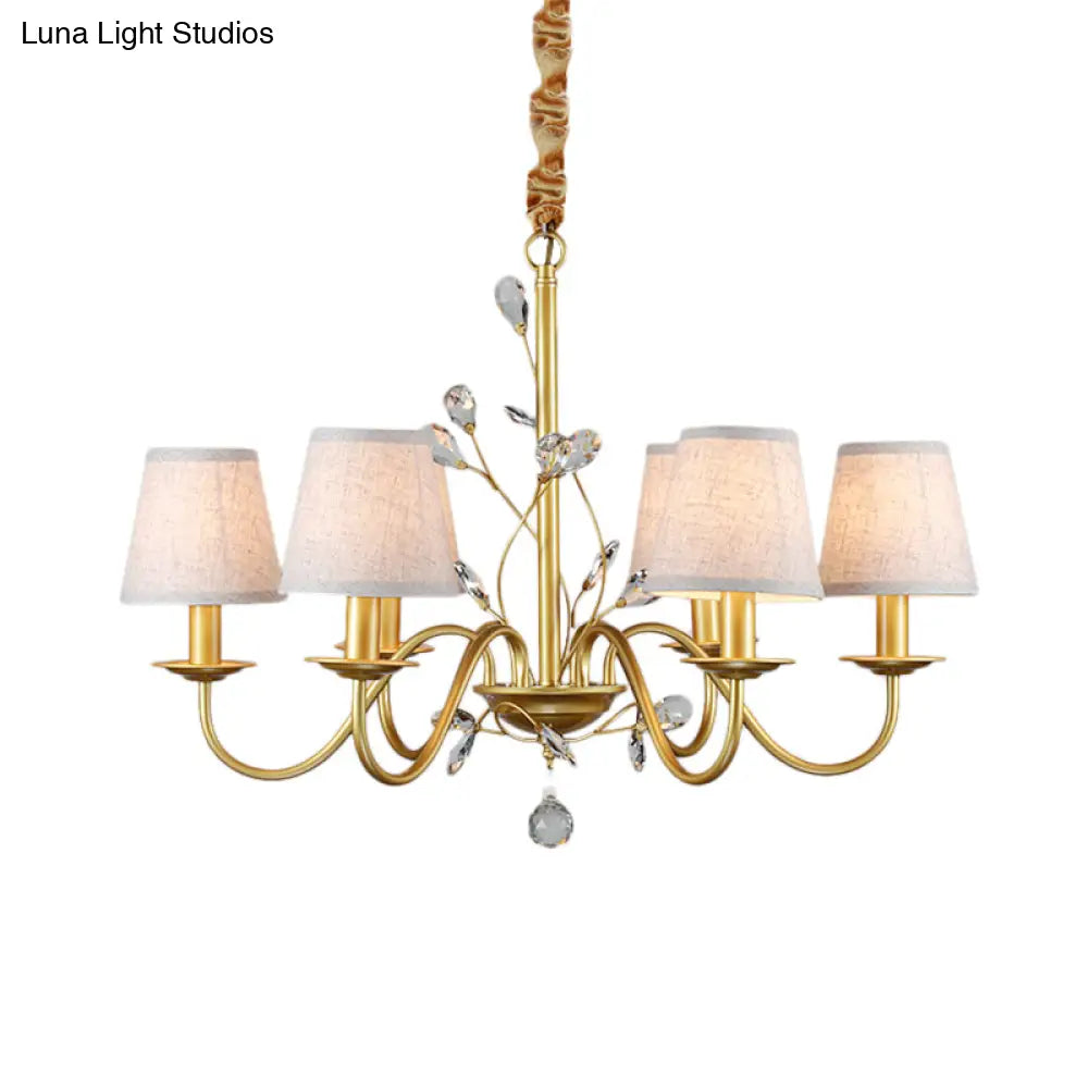 Contemporary Flared Pendant Chandelier - Fabric Shaded 6/8 Lights Brass Ceiling Fixture With Crystal